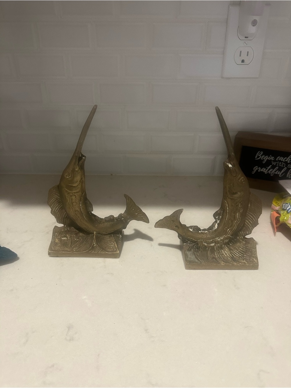 Brass Finish Swordfish Bookends - Decorative Home Wall Decor